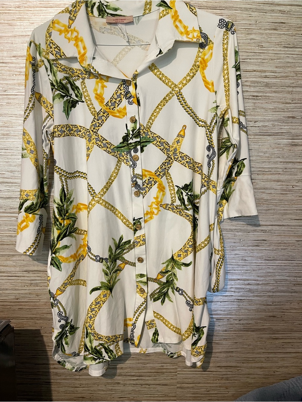 Women's White Button-Front Tunic with Yellow & Green Chain Print